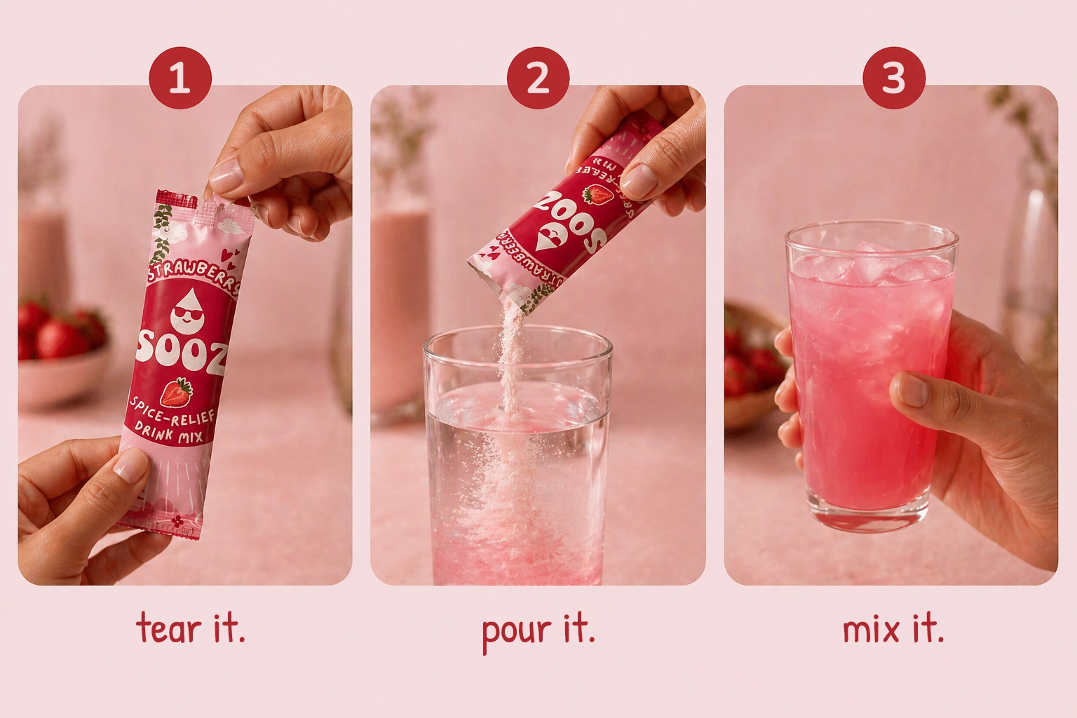Step-by-step Sooz usage guide: tear the sachet, pour into water, and mix before drinking